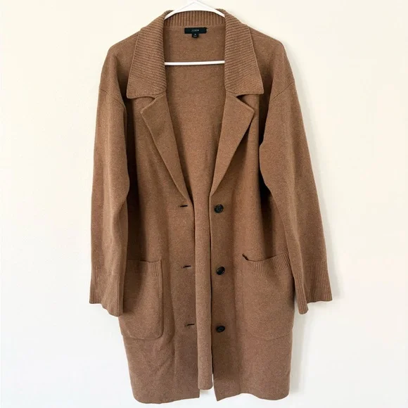J Crew Camel Tan Oversized Wool Cotton Collared Sweater Jacket Size Medium - Picture 5 of 12